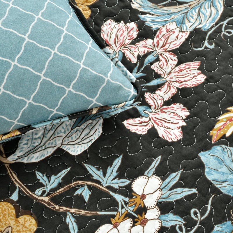 Lush Decor Sydney Reversible Cotton Quilt Set, 3 Piece Set, Full/ Queen, Black & Blue - Cotton Bedding Set - Black Floral Quilt - Cottage Decor - Bedding Queen Size - Image 5
